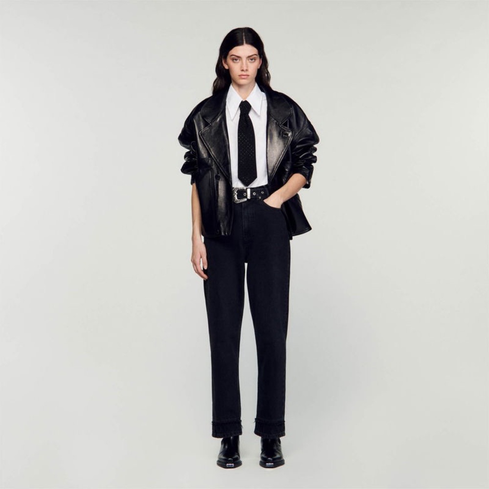 SANDRO women’s Stern Western Belted High Rise Straight Jeans in Black - Picture 4 of 16